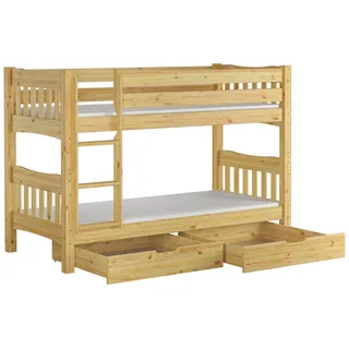 Etagenbett Kiefer Massivholzbett 90x200 Stockbett Hochbett Zubehör wählbar V-60.15-09Ni70 Rollrost. Matratzen und Doppelbettkasten inkl. - Naturbelassen