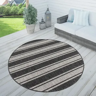 TT Home In-& Outdoorteppich Wetterfest Terrasse Geometrisches Design Gestreiftes Design Größe 80 cm Rund - Grau