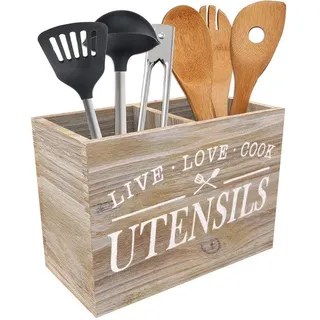 Unyqoos® Holz-Küchenorganizer – rechteckiger Besteck- & Küchenutensilienhalter, 2 Fächer, abnehmbare Bodenplatte, 24 × 17 × 12 cm