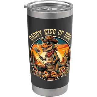 Lustiger T-Rex-Dinosaurier für Herren, Aufschrift "Daddy King Of BBQ", Vatertag Doppelwandiger Edelstahl-Thermobecher