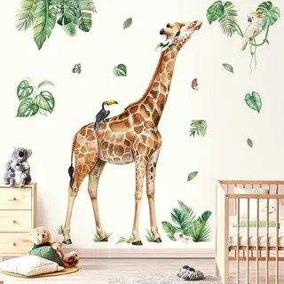 decalmile Wandtattoo Dschungel Tiere Giraffe XXL Wandaufkleber Safari Tiere Tropische Blätter Wandsticker Kinderzimmer Babyzimmer Schlafzimmer Wanddeko