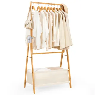 Yorbay Kleiderständer Bambus Garderobenständer mit Aufbewahrungskiste, Freistehender Kleiderstange mit Stoffsäckchen, Faltbarer Garderobe zum Aufbewahren von Kleidung Schlafzimmer Waschküche