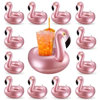 Aufblasbarer Getränkehalter Flamingo, 12 Stück Flamingo Schwimmring Getränke, Flaschenhalter Pool Schwimmend, Rosa Bierhalter Pool Drink Holder für Cocktail, Getränke, Wasser, Bier
