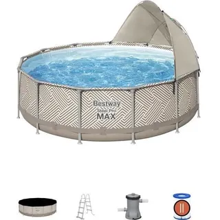 BESTWAY Steel Pro MaxTM Rohr-Aufstellpool-Set 396 x 107 cm – rund (mit Kartuschenfilter, Markise, Abdeckung, Leiter)
