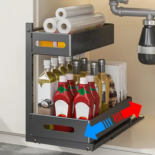 HABITELLO 2 Etagen Spülschrank Organizer Ausziehbar aus Metall, Unterschrank Organizer küchenschrank mit 4 Haken, Küchenregal Gewürzregal für Küche & Badezimmer (Schwarz)