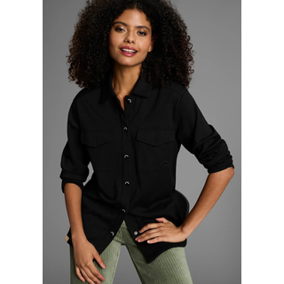Hemdjacke KANGAROOS, Damen, Gr. 44/46, blau (schwarz), Web, Obermaterial: 70% Viskose, 25% Polyester, 5% Elasthan, figurumspielend hüftbedeckend, abgesteppt, Jacken Hemdjacke, Overshirt mit Knopfleiste