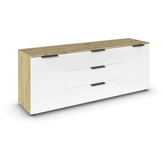 Rauch Möbel Flipp, Sideboard, TV-Schrank, Kommode mit Stauraum, Eiche Artisan/Glasfront Weiß, Holz, 2-türig, Glastüren, 3 Schubladen, Griffe graphit, 160x61x42cm