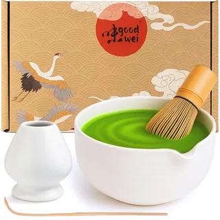 Goodwei Matcha Set mit Matchabesen, Löffel und Matcha Schale mit Besenhalter aus Keramik im passenden Design | Kunstvoll gefertigte Matchaschale Chawan mit Ausgießer, 450 ml (Camellia White)