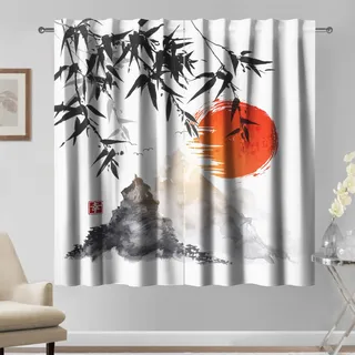 Kzzfqxb 117x138cm Vorhänge mit chinesischer Malerei 2 Paneele, Bambusblätter Sonnenaufgang Berge Tinten Landschaft szeichnung vorhänge, orientalisches Dekor für Wohnzimmer Schlafzimmer