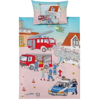 Erwin Müller Kinder-Bettwäsche, Bettgarnitur Polizei und Feuerwehr Flanell bunt Größe 40x60 cm / 100x135 cm - temperaturausgleichend, wohlig warm, weich mit praktischem Reißverschluss