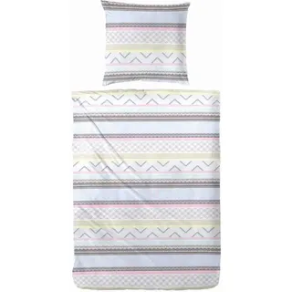 Hahn Baumwolle Seersucker Bettwäsche Rosa Grau Gestreift, 155x220 cm + 80x80 cm - Rosa