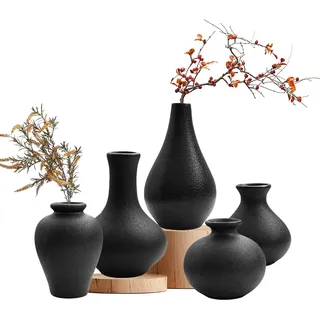 Keramik Vase Set, 5 Stück Blumenvasen aus Keramik, Blumenvasen für Moderne Wohnkultur, dekorative Vase für Pampasgras, Kleine Vasen für Blumen, Pflanzen, Dekoration Moderne Home Decor (Schwarz)