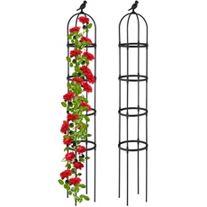 Bild Rankhilfe Obelisk, 2er Set, 188x30 cm, Ranksäule für Kletterpflanzen, Metall, freistehend, Rosenturm, schwarz
