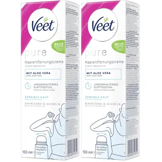 Veet Pure Haarentfernungscreme für Bikinizone & Achseln - Enthaarungscreme für sensible Haut - Mit Bio Aloe-Vera, Vegan - 100 ml Tube mit gewölbtem Applikator & Spatel (Packung mit 2)