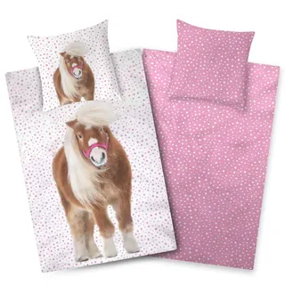 Aminata kids Bettwäsche Mädchen 135x200 Pferd - Kinder-Bettwäsche mit Pferde-Motiv Islandpony - weiß rosa - Reißverschluss 100% Baumwolle Pony