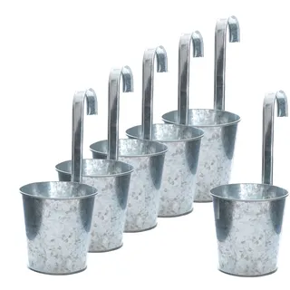 Spetebo Zink Garten Blumentopf für Geländer und Zaun, 6er Set, Silber | Balkon Hängetopf, Mit Haken zum Aufhängen, Für Pflanzen, Kräuter, Blumen, Als Vase oder Übertopf verwendbar