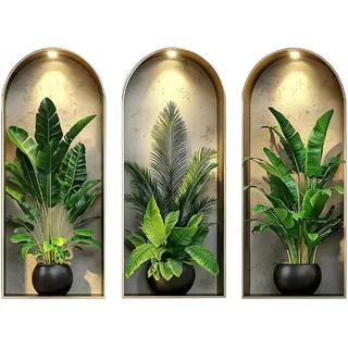 milaosk 3 Stück 3D Wandtattoo Pflanzen Wandaufkleber Wohnzimmer Modern | Wandsticker mit Grünen Topfpflanzen Selbstklebende Vinyl Wandbilder für Küche Schlafzimmer Büro Wanddeko 25 * 60cm
