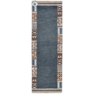 Läufer THEKO "Nuno, reine Wolle, Handgefertigt, mit Bordüre" Gr. 13, blau (dunkelblau), B:90cm H:14mm L:250cm, Wolle, Teppiche, Läufer, handgetuftet, Brücke, Wohnzimmer, Schlafzimmer, Esszimmer