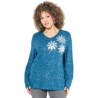 Ulla Popken Damen Sweatshirt, Schneeflocken, V-Ausschnitt, Langarm, Petrol, 54-56 EU