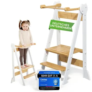 Lernturm Montessori Platzsparend und höhenverstellbar aus Bambus mit Kippschutz & Anti-Rutsch-Trittfläche für Kinder ab 1 Jahr (Klappbar) Learning Tower, Tritthocker, Schemel für Kinder