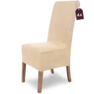 SCHEFFLER-Home Stretch Stuhlhussen Sofia - 4er Set Elastische Stuhlabdeckungen für Schwingstühle und Hochlehner - Flanell Spann-Bezüge Mit Gummiband in Creme