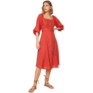 TRENDYOL Damen With a Belt Button Dress, Cinnamon, 42 EU