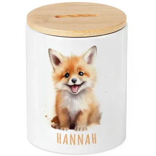 Fuchs Spardose für Kinder personalisiert mit Namen Sparschwein aus Keramik mit Bambusdeckel Geschenk für Mädchen & Jungen