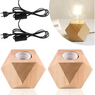 2-armige Holz-Tischlampe, E27, Holzfuß, kleine Holzlampe mit Diamantform-Holzfuß, EU-Stecker, Holzfuß E27, ideal für Schlafzimmer/Wohnzimmer/Büro