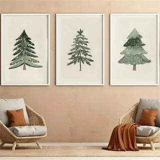 TROYSINC 3er Weihnachts-Poster Set, Winter Bilder Set, Grüner Weihnachtsbaum Wandkunst Wandbilder Wohnzimmer Weihnacht Wanddeko für Wohnkultur, Ohne Rahm (21x30cm)