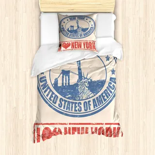 ABAKUHAUS Retro Poster Mantele, Liebe NYC in Rot Blau, Milbensicher Allergiker geeignet mit Kissenbezügen, 135 cm x 200 cm - 80 x 80 cm, blau orange - Blau
