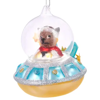 BRUBAKER Hund im Sternen UFO Blau - Handbemalte Weihnachtskugel aus Glas - Mundgeblasener Christbaumschmuck Figuren lustig Deko Anhänger Baumkugel - 10 cm