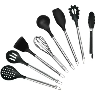Kochbesteck-Set HANSEATIC "hanseatic PREMIUM, 8-tlg. Küchenhelfer-Set", schwarz, Edelstahl 18/10, Silikon, Kochbesteck-Sets, Kochbesteck-Set, mit Edelstahlgriffen und Aufhängung