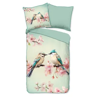 Duvet cover Descanso 155x220 + 1* 80x80 cm - Two birds on a blossom branch - Türkis