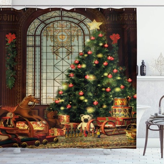 ABAKUHAUS Weihnachten Duschvorhang, Weihnachtsbaum, Stoffliches Gewebe Badezimmerdekorationsset mit Haken, 175 x 180 cm, Braun Grün Rot