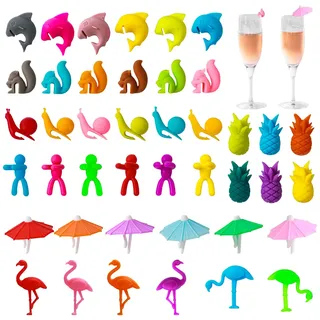 42Pcs Glasmarker, Silikon Glas Markierung, Wein Marker Trinkgläser, Glasmarkierer Glasmarker Wiederverwendbar Glasmarkierung Bunt Glas Marker für Party Hochzeit Bar Tassen, Trinkglas, Party Supplies
