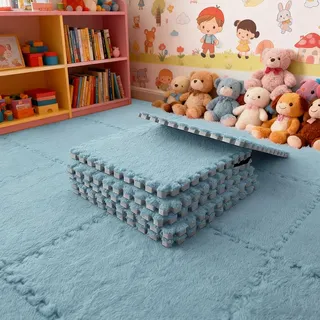 12 Stück Teppichboden Schaumstoffmatte, Plüsch Teppichfliesen, Ineinandergreifender Wohnzimmer Memory Foam Teppich (Himmelblau)