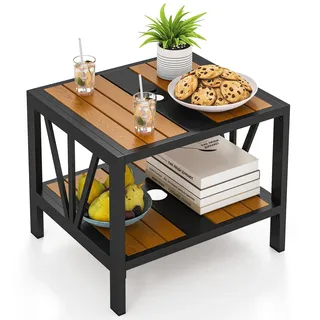 FANTASK Beistelltisch mit Schirmloch & Ablage, Kaffeetisch, Gartentisch Outdoor wetterfest, für Garten, Balkon, Terrasse, 52 x 46 x 45 cm