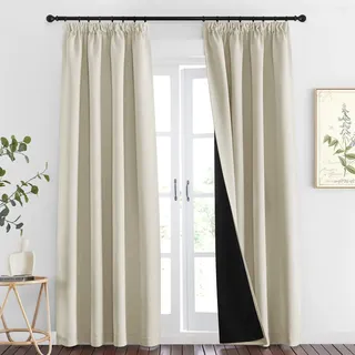 PONY DANCE Thermogardine Kältescchutz Kräuselband Gardine Beige Blickdicht | H245 x B140 cm, Lichtundurchlässig, für Schienensystem, Doppellagig, Dick, Schwer, für Schlafzimmer Kinderzimmer, 2er Set