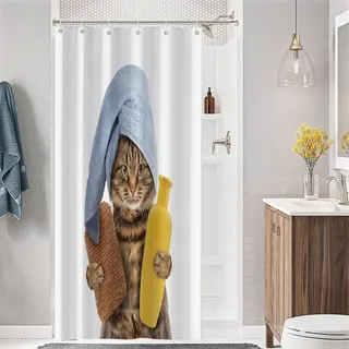 Hnmdmyi Duschvorhang Lustig Katze 90x180, Niedliches Braunes Kätzchen mit Badeschwamm Shampoo und Blauem Handtuch Badewanne Vorhang Kinder Cartoon Wasserdicht Polyester Stoff Waschbar Badevorhang