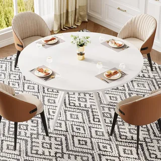 LITTLE TREE 120 cm-runder Esstisch, moderner Küchentisch mit Metallfuß, Holzküchentisch für 4 Personen, runder Esstisch für Küche, Esszimmer, weiß