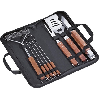 Küchenprofi BBQ-Set Texas, 8-TLG., Grill Zubehör aus Edelstahl, Grillbesteck Set bestehend aus Fleischgabel, Grillzange, Grillspachtel, Grillbürste, 4 Spieße, Holzgriffe, in schwarzer Nylontasche