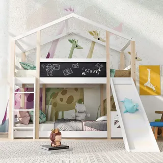 Kinderbett 90x200 cm mit Rutsche, Leiter, Tafel, Rausfallschutz und 2 Lattenrosten, Baumhaus-Hochbett für Kinder, EN 747-1:2024, Natur & Weiß - Weiß