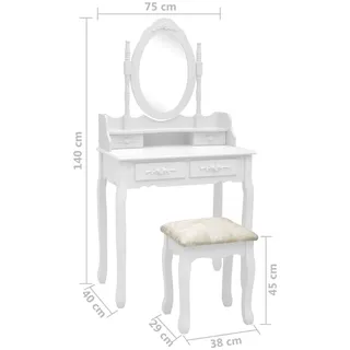 vidaXL Schminktisch-Set mit Hocker Weiß 75x69x140cm Paulownia-Holz