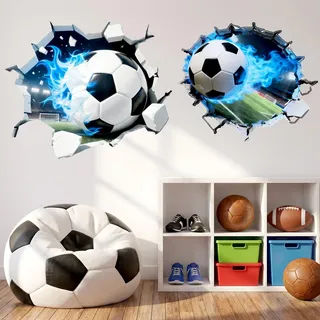3D Wandtattoo Fußball Realistisch 2 Stück, Wanddurchbruch Effekt Fußball Wandaufkleber, Sport Wand Dekoration Aufkleber für Jungen Jugendzimmer, Kinderzimmer & Schlafzimmer Wandsticker(Blau)