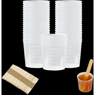 PacuM 50 Stück Messbecher Klein 30ml mit Mengenskala PP Labor Kleiner Messbecher Mischbecher Lack Mit Holzstab Handschuhe für Küche Backen Labor Measuring Cup FarbMischbecher