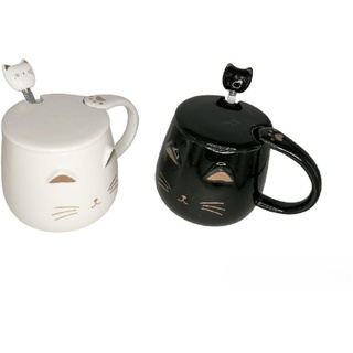 lachineuse - 2 Tassen Katze Kawaii 450 ml – Katzentasse mit Deckel & Löffel – Farbe Schwarz & Weiß aus Keramik – Tasse für Aufguss, Tee, Kaffee – originelle japanische Tasse – Geschenkidee Japan Asien