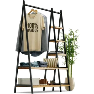 RoyalGrove® Kleiderständer, Kleiderstange, Garderobenständer, 44 x 110 x 160 cm, Garderobe, Schuhablage, offener Kleiderschrank, 7 Ablagen, Schlafzimmer, Flur, Bambus, schwarz