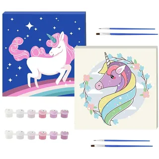 RtottiM 2 Stück Malen Nach Zahlen Kinder Einhorn 20 * 20 cm DIY Ölgemälde für Anfänger Ab 5-10+ Jahre - Geschenk für Jungen und Mädchen