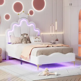 MODFU Polsterbett Kinderbett 90*200cm kronenförmiges Kopfteil, Kunstleder, LED-Lichtleist, Weiß(ohne Matratze) - Weiß