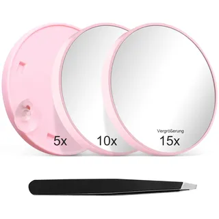 Niuny Kosmetikspiegel mit Vergrößerung 3Stk Vergrößerungsspiegel zum Kleben Reisespiegel Duschspiegel mit Saugnapf und Pinzette rund Kleiner Spiegel 5X 10x 15x Vergrößerung Schminkspiegel (Rosa)